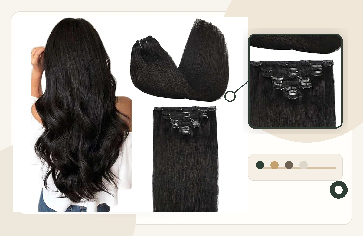 Clip-in human hair extensions with snap clip set detail