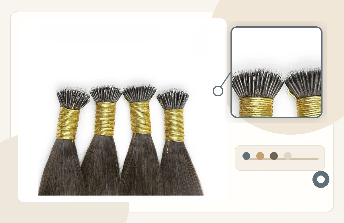 Nano tip human hair extensions with strand-by-strand attachment detail