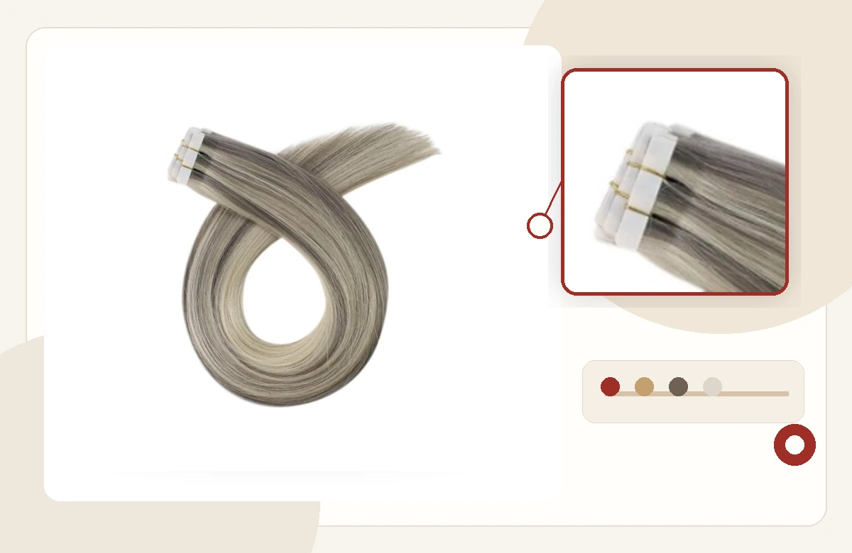 Tape-in human hair extensions with flat adhesive tabs and colour sample detail