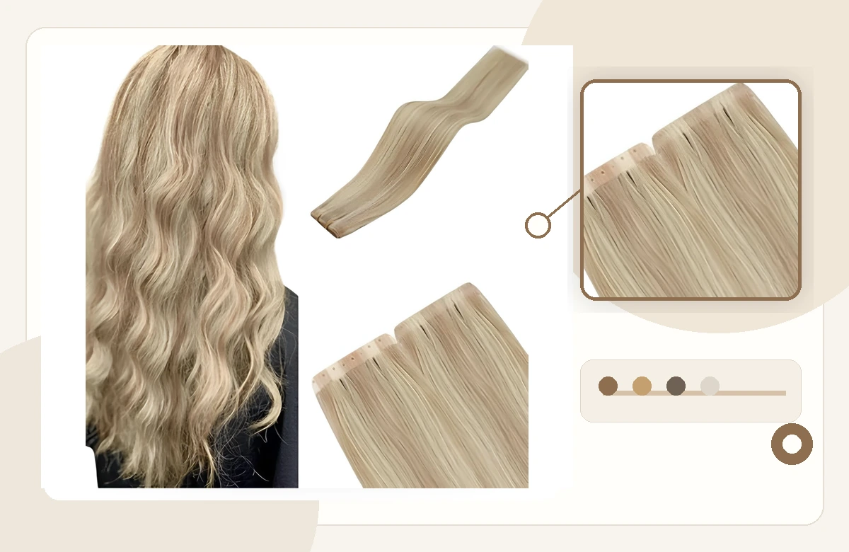 Human hair weft extensions with weft track and sample detail